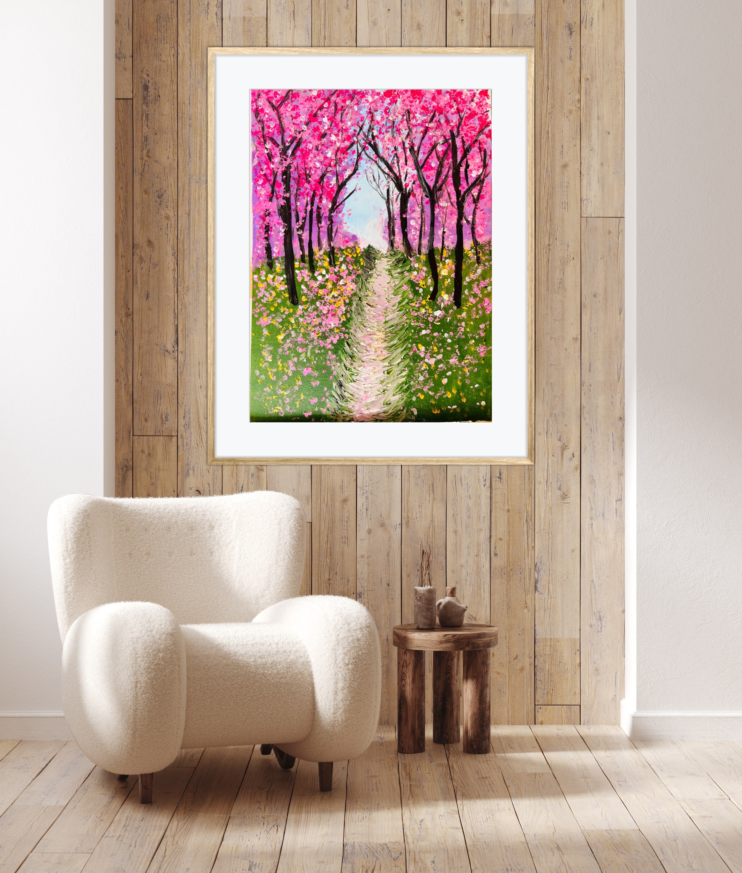 Framed cherry blossom textured painting above upholstered chair, pink canopy and garden path