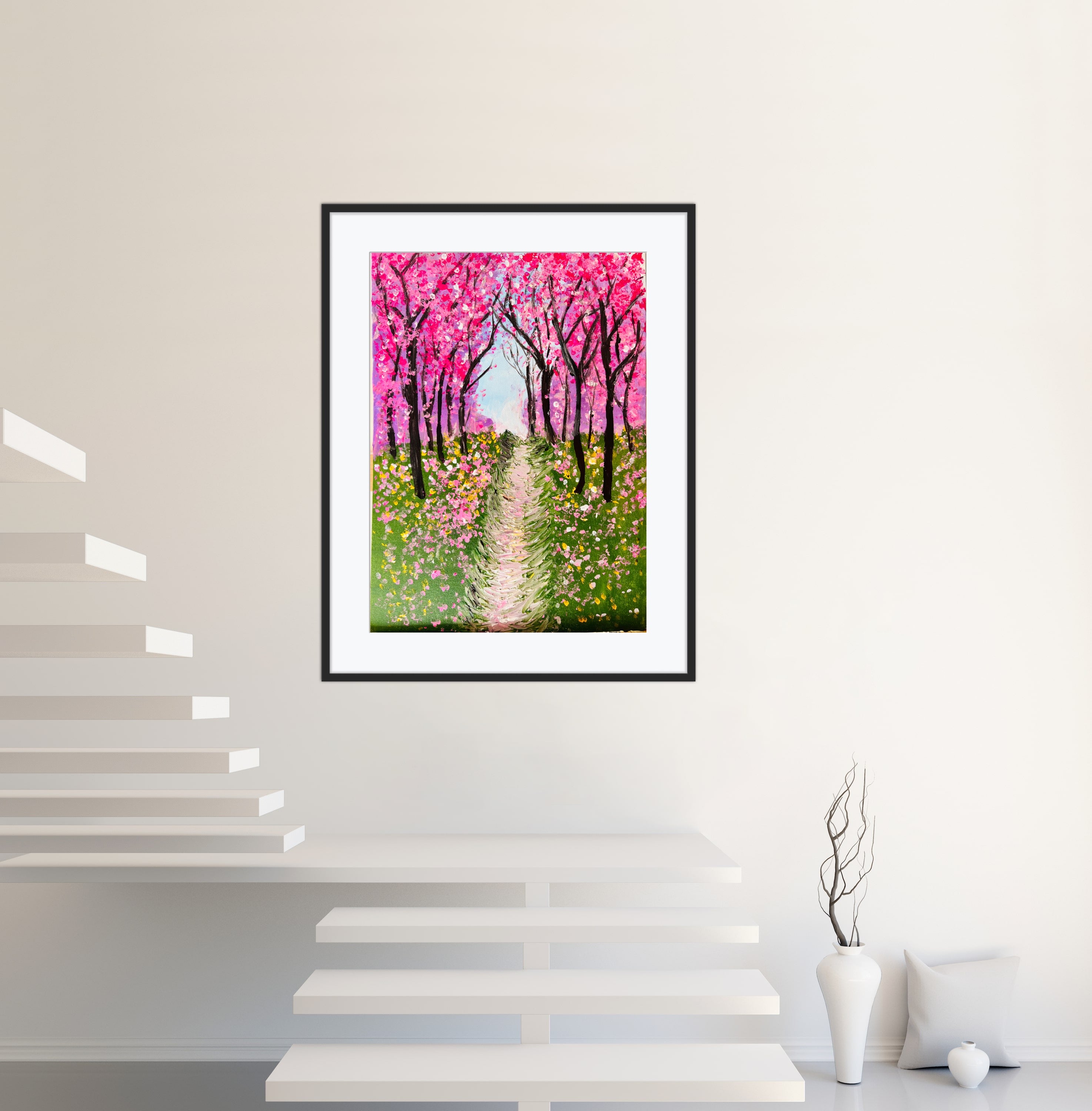 Framed cherry blossom textured painting on minimal wall with stairs backdrop