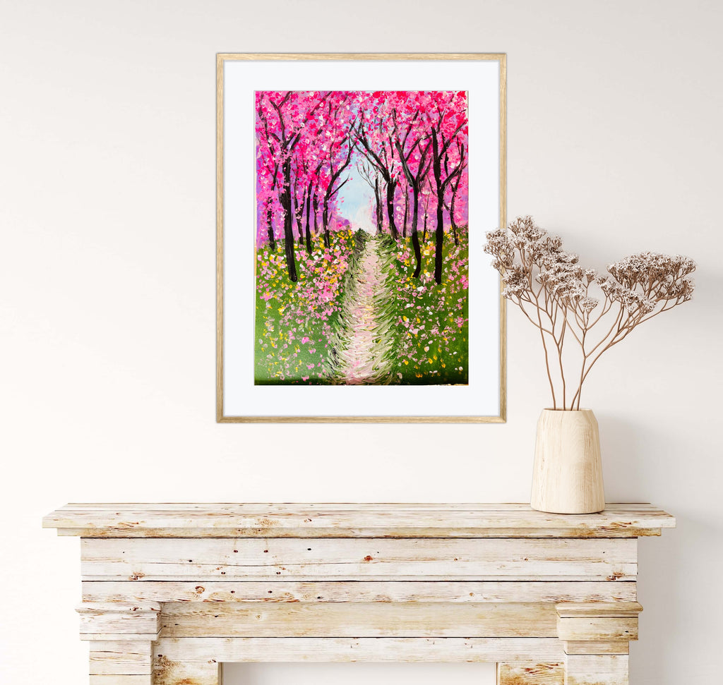 Framed cherry blossom textured painting above rustic mantel with vase and dried stems