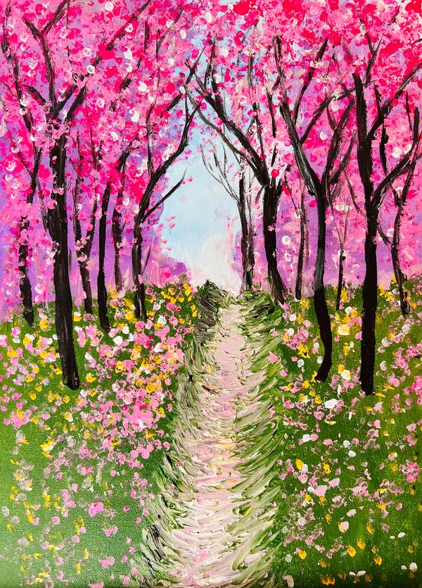 Textured cherry blossom landscape painting with pink trees, winding path, and green meadow