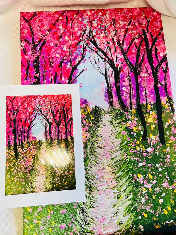 Textured painting with pink blossom trees, long winding path, and colorful flower-filled ground
