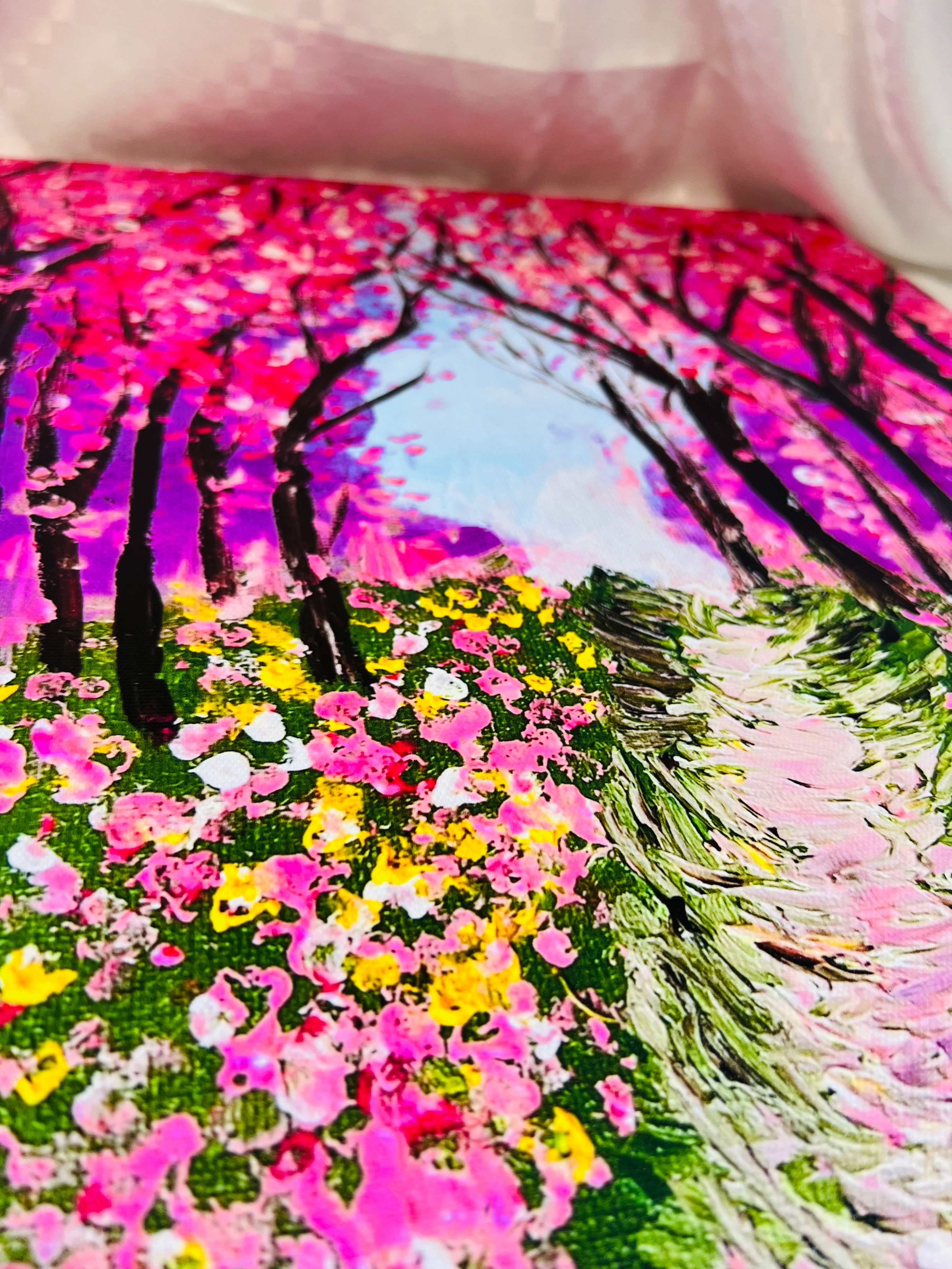 Close-up of textured cherry blossom painting with pink petals, green foliage, and dark branches