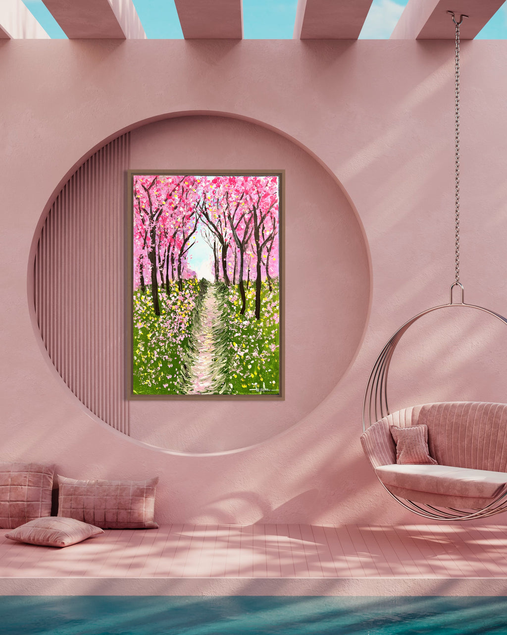 Framed cherry blossom textured painting on wall with pink blossoms and green path