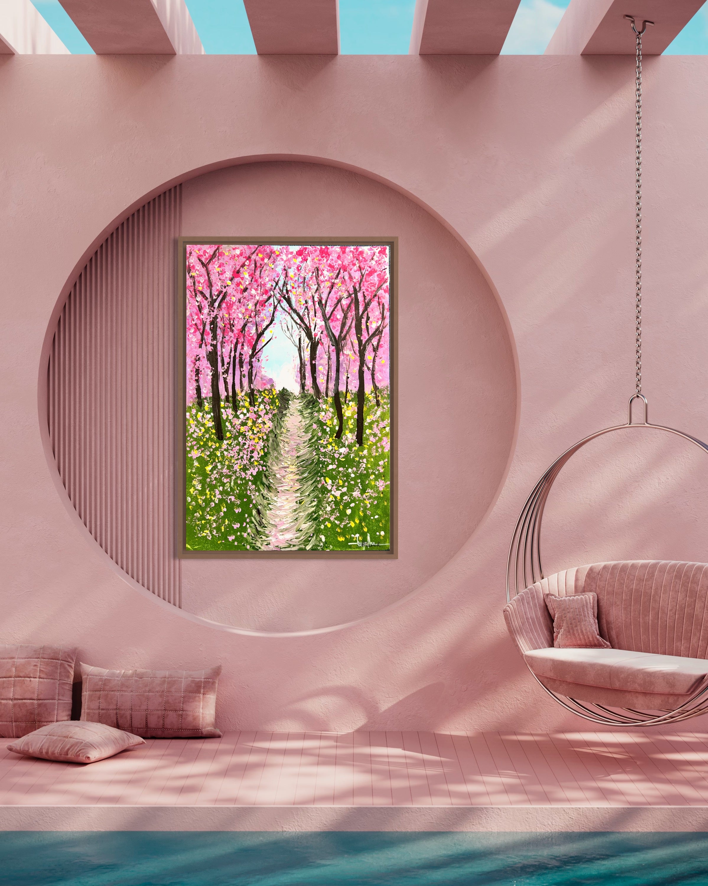 Framed cherry blossom textured painting on wall with pink blossoms and green path