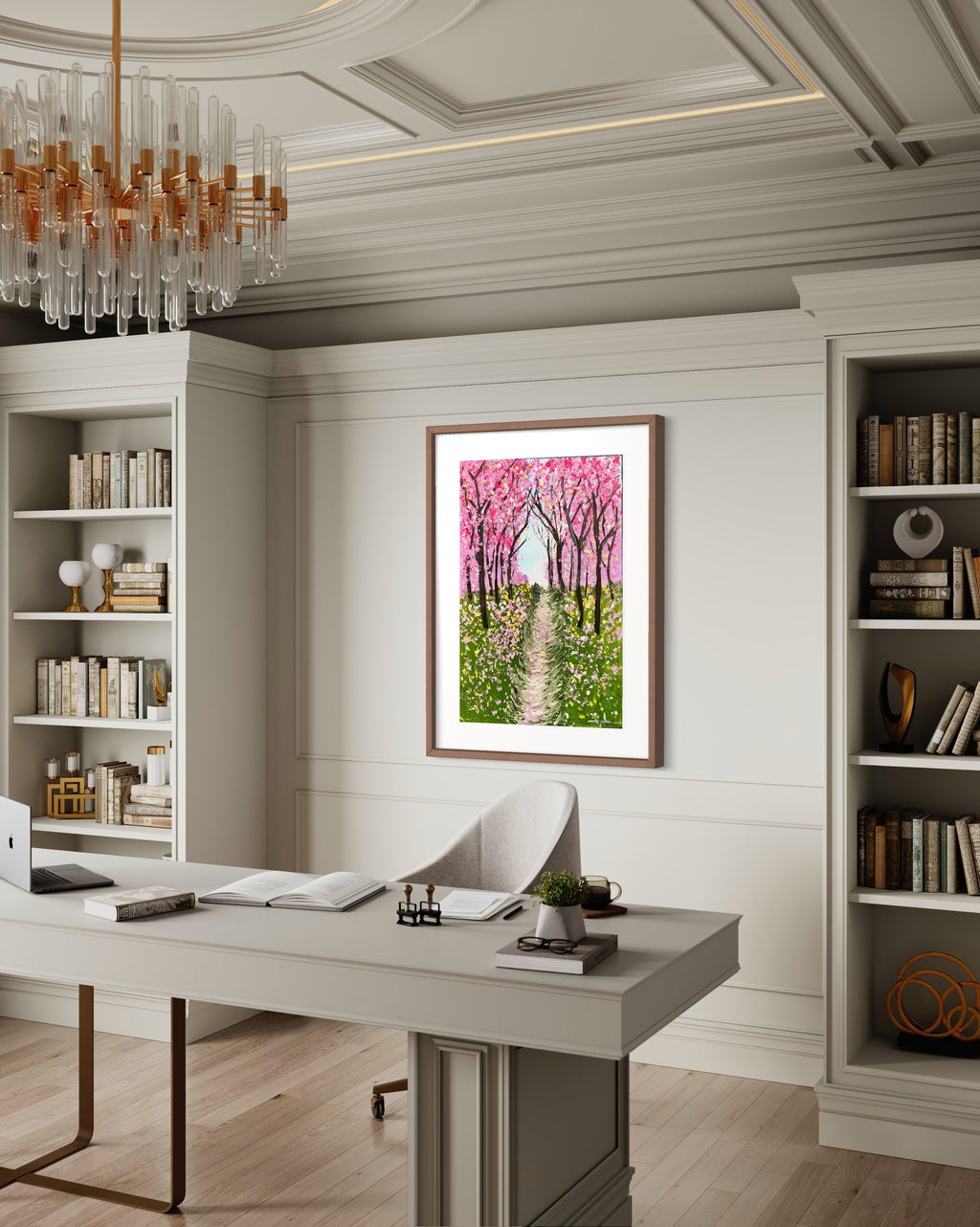 Framed cherry blossom textured painting centered in home office wall