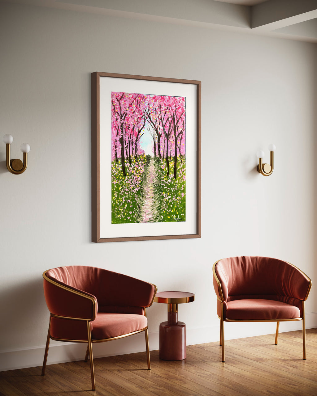 Framed cherry blossom textured painting above seating, pink trees and green path