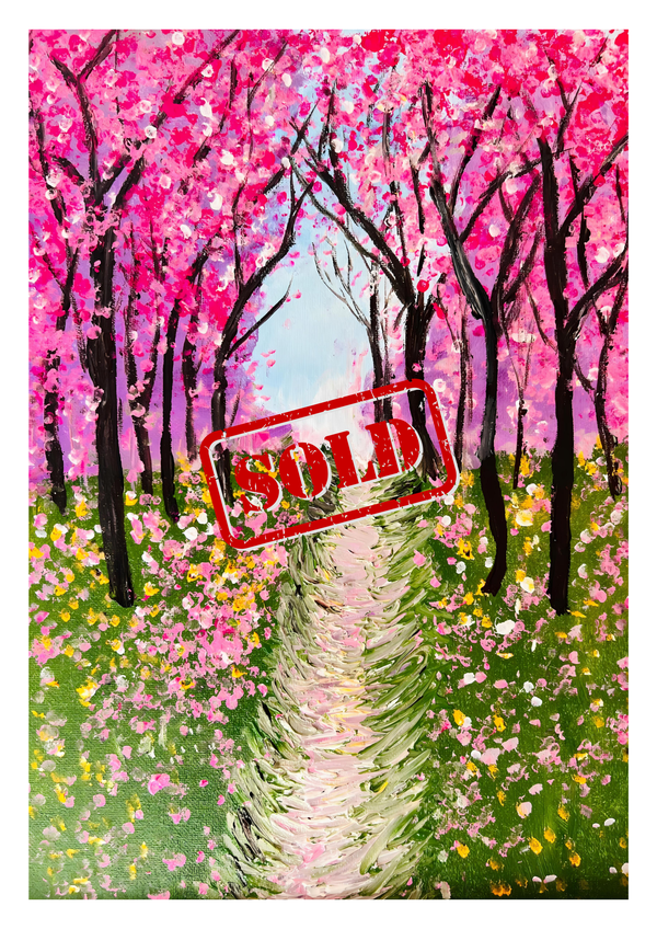 Textured painting of cherry blossoms with winding path and visible 'SOLD' stamp