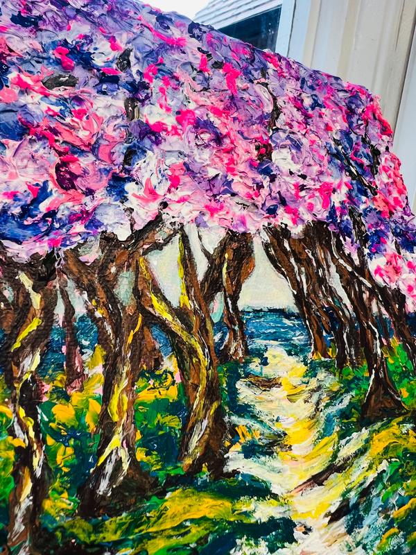 Textured 3D artwork showing impasto pink, blue, and brown trees over a winding path