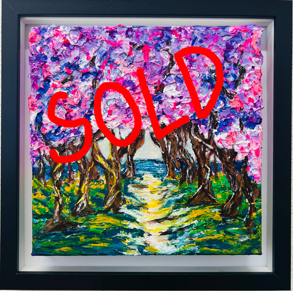 Framed original 3D texture artwork with colorful forest scene and red cursive letters