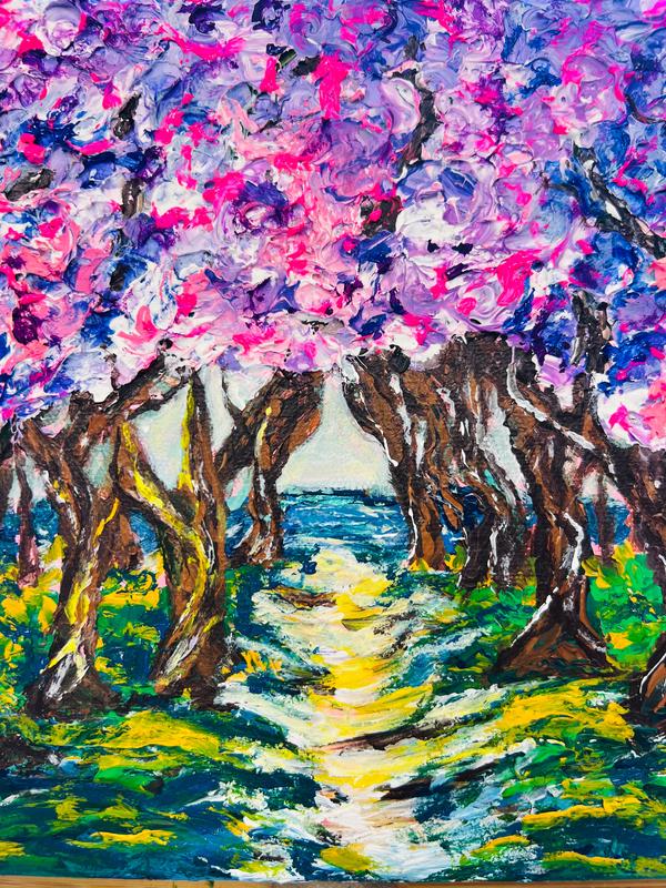 Framed 3D artwork with dense pink impasto sky and brown trees over a creek path