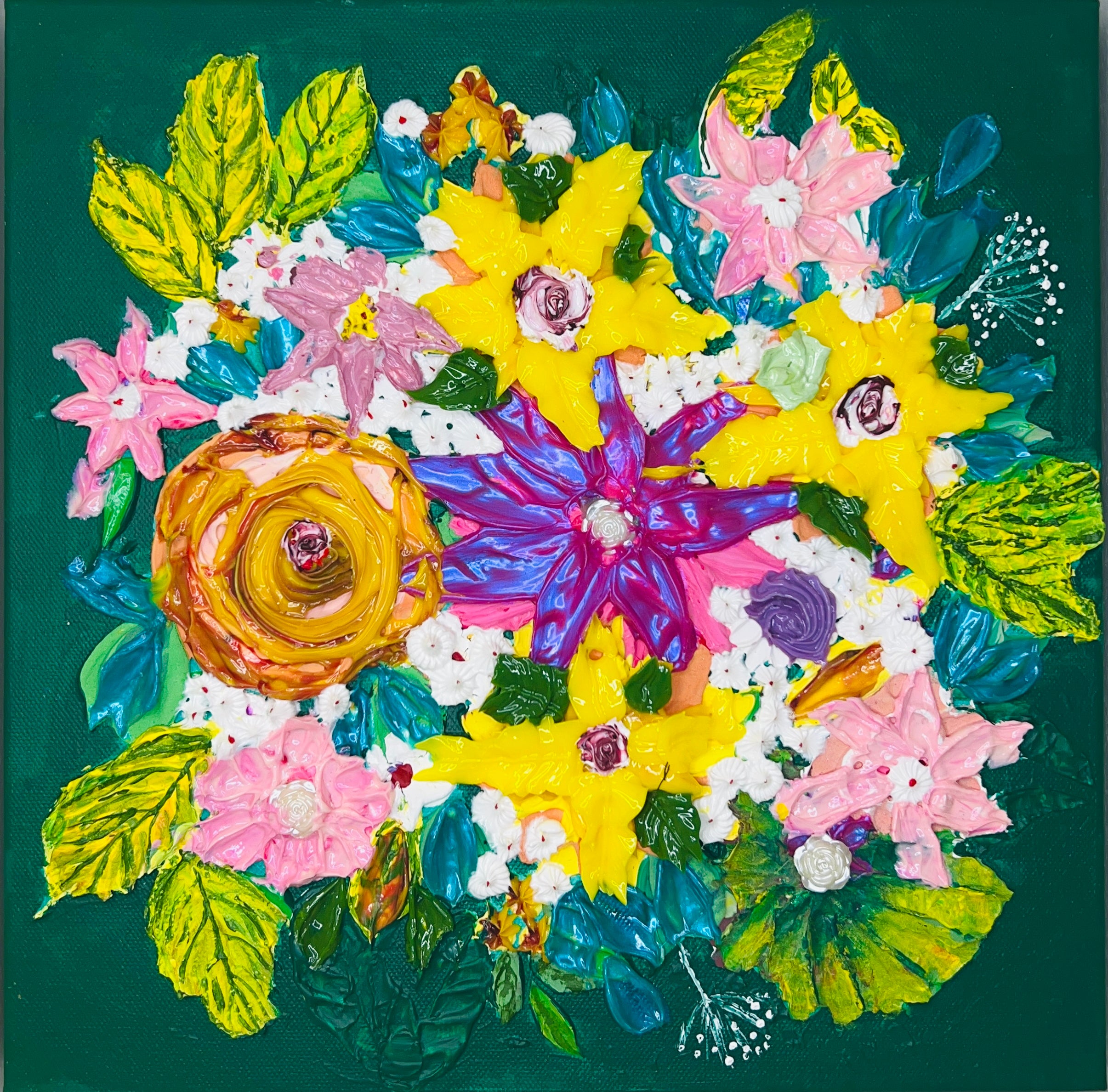 Square 3D textured wall art bouquet with teal leaves, bright pink flowers, and yellow blooms