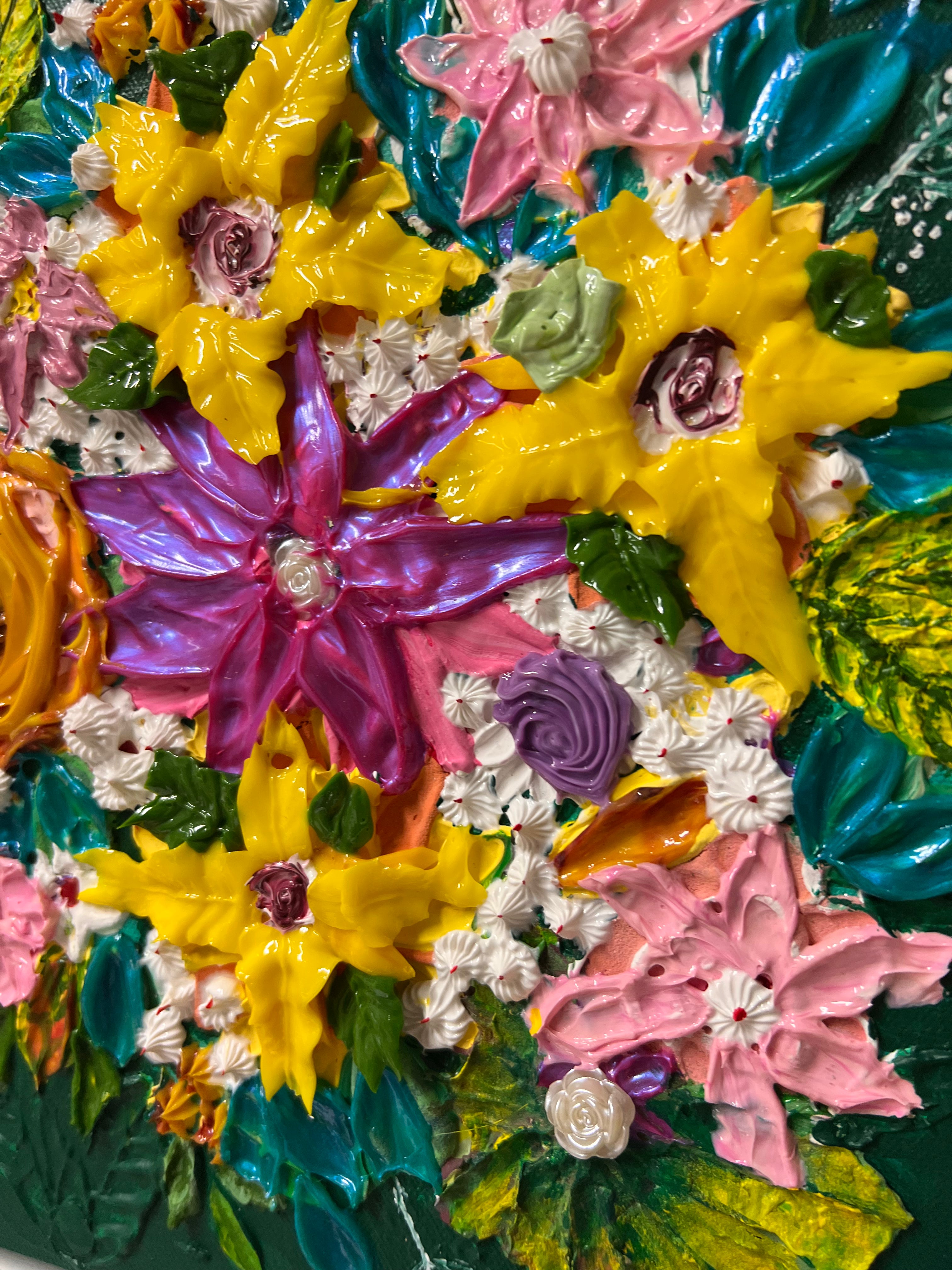 Square 3D floral wall art with yellow, pink, purple, and teal embossed flowers