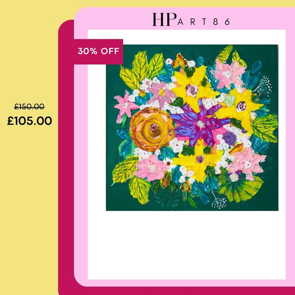 Square 3D floral artwork, pink and yellow blossoms with purple and teal leaves