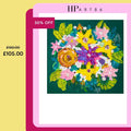 Square 3D floral artwork, pink and yellow blossoms with purple and teal leaves