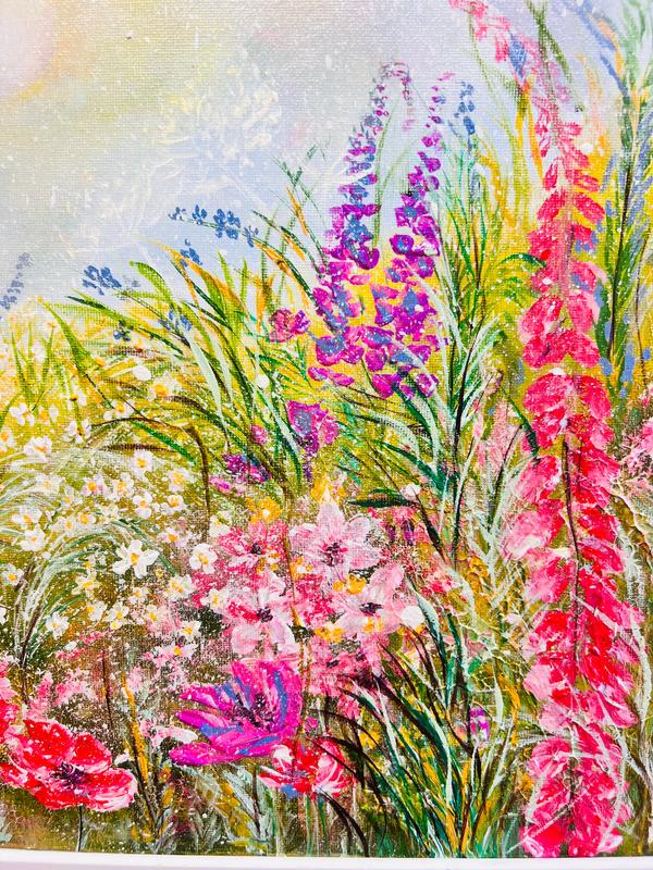 Colorful wildflower painting with tall pink, purple, and blue blooms