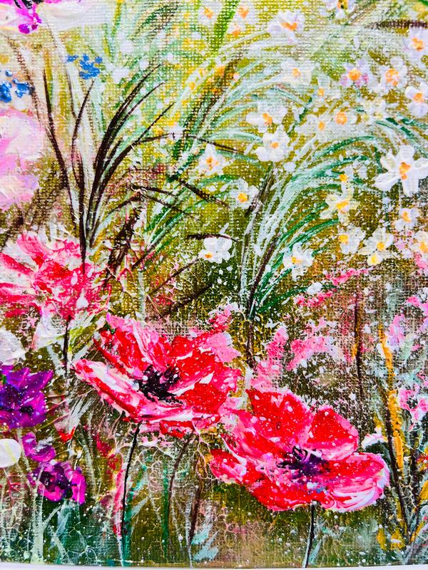 Colorful wildflower painting with vivid pink blooms, white flowers, and green stems