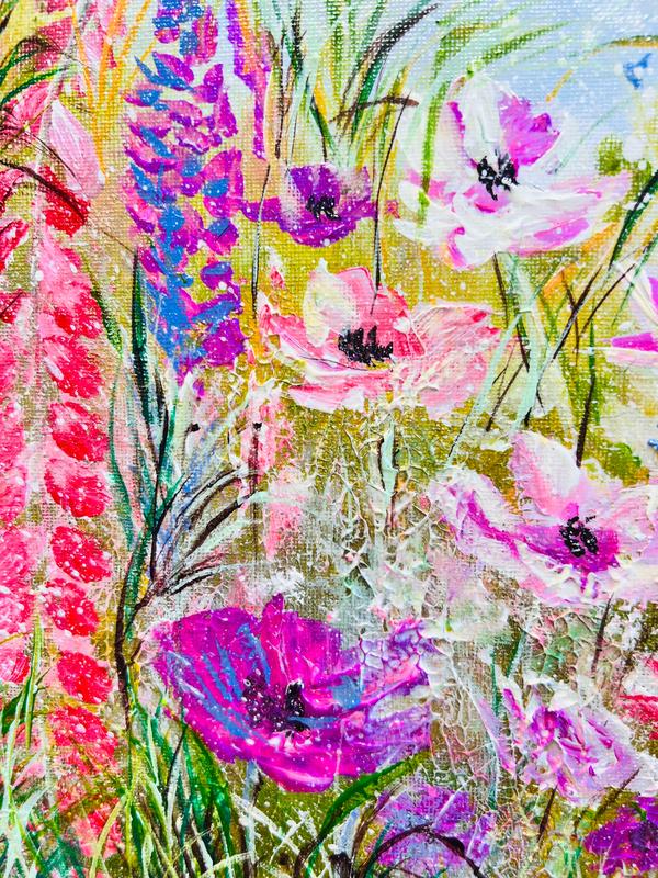 Wildflower canvas with pink and purple blossoms and black butterfly-like details