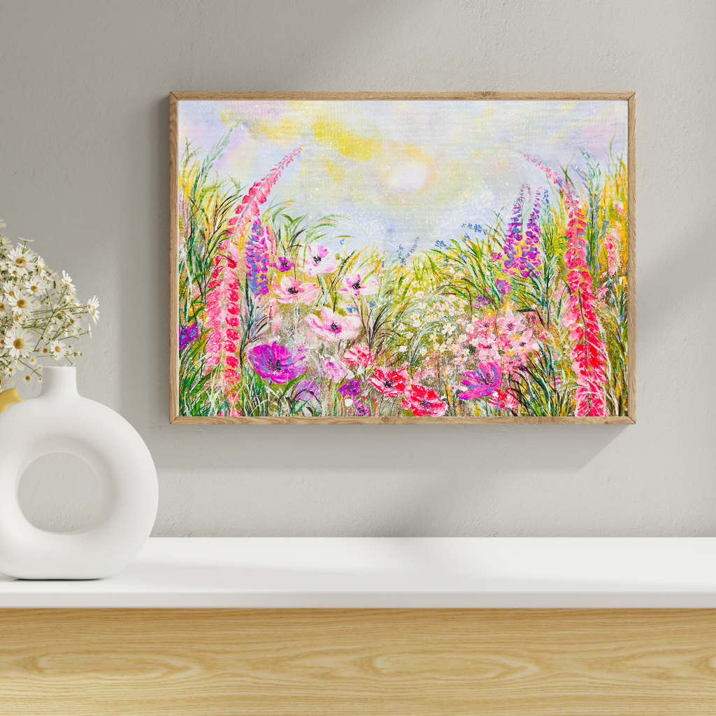 Framed floral wall art displayed on a light wall with surrounding home decor
