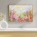 Framed floral wall art displayed on a light wall with surrounding home decor