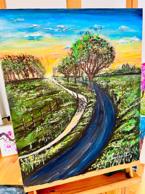 Unframed landscape canvas painting with winding dark road, trees, and sunset hues.