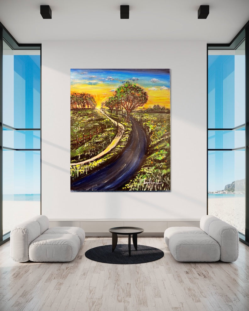 Framed landscape wall art with a curving dark path, trees, and vibrant sunset sky.