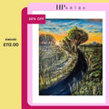 HPART86 promotional print of framed landscape painting with winding road and sunset trees.