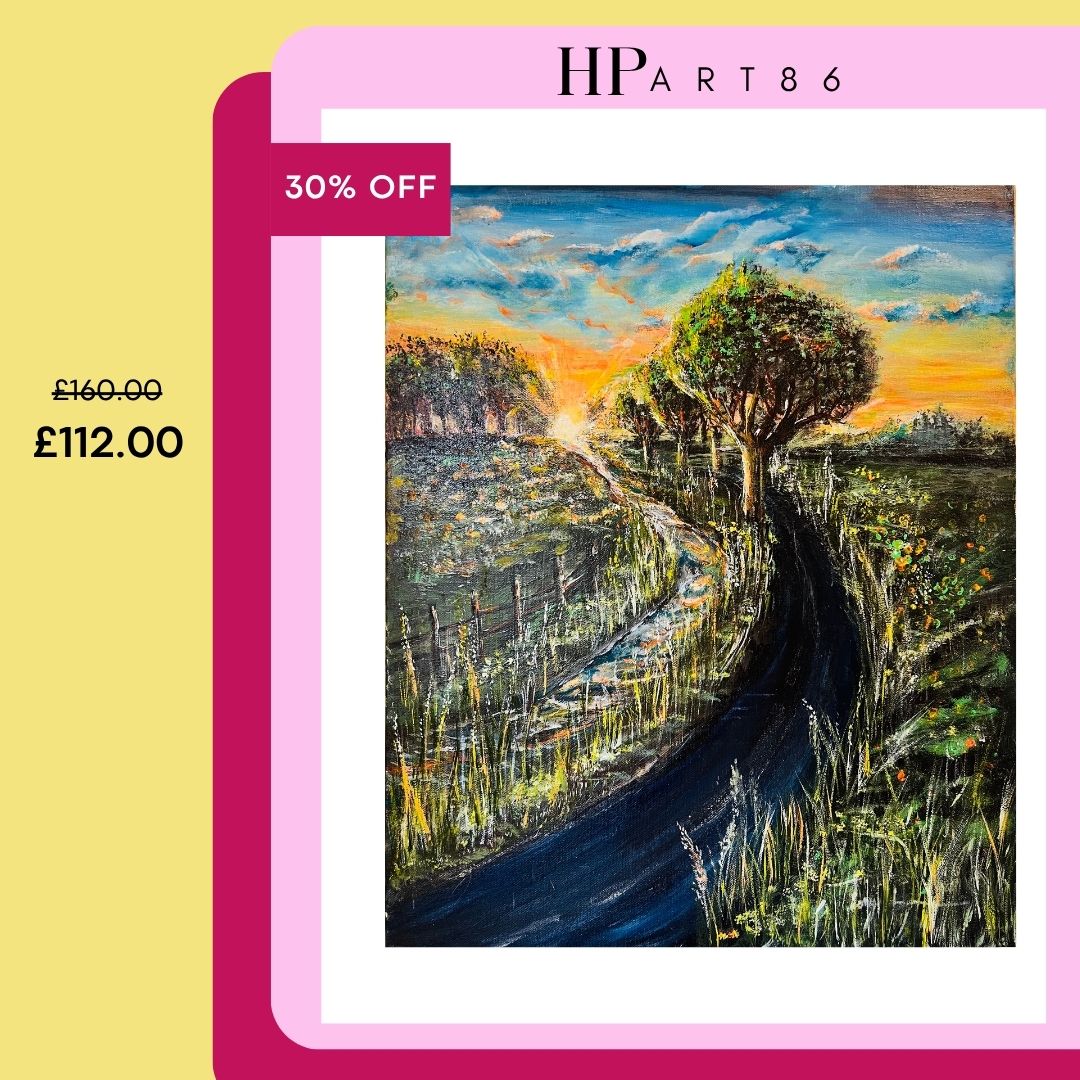 HPART86 promotional print of framed landscape painting with winding road and sunset trees.