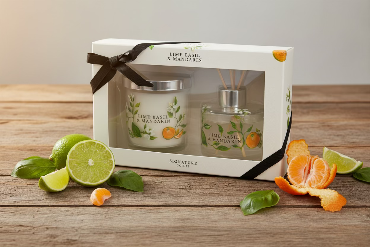 Lime Basil and Mandarin candle and diffuser gift set in clear window box with ribbon