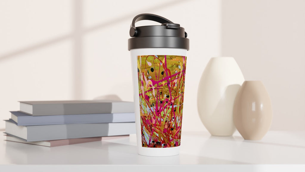 Leak-proof stainless steel travel mug with colorful plant abstract print, black lid