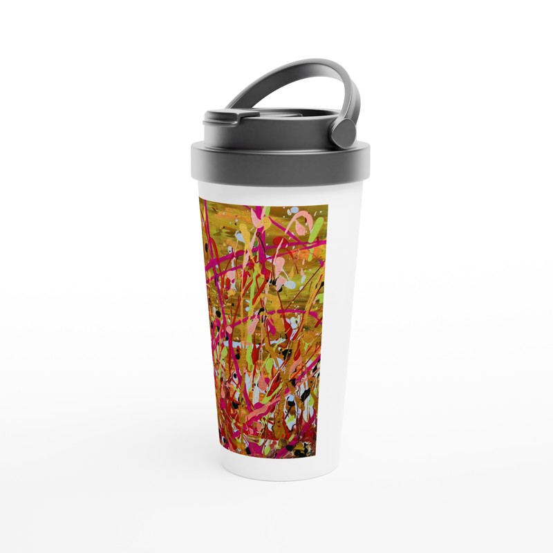 Stainless steel travel mug, plant abstract design with white base and black carry handle