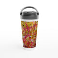Travel mug with colorful plant print and black lid, stainless steel body