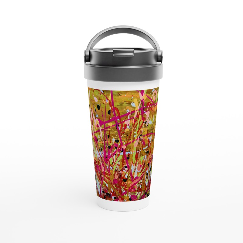 Travel mug with colorful plant print and black lid, stainless steel body