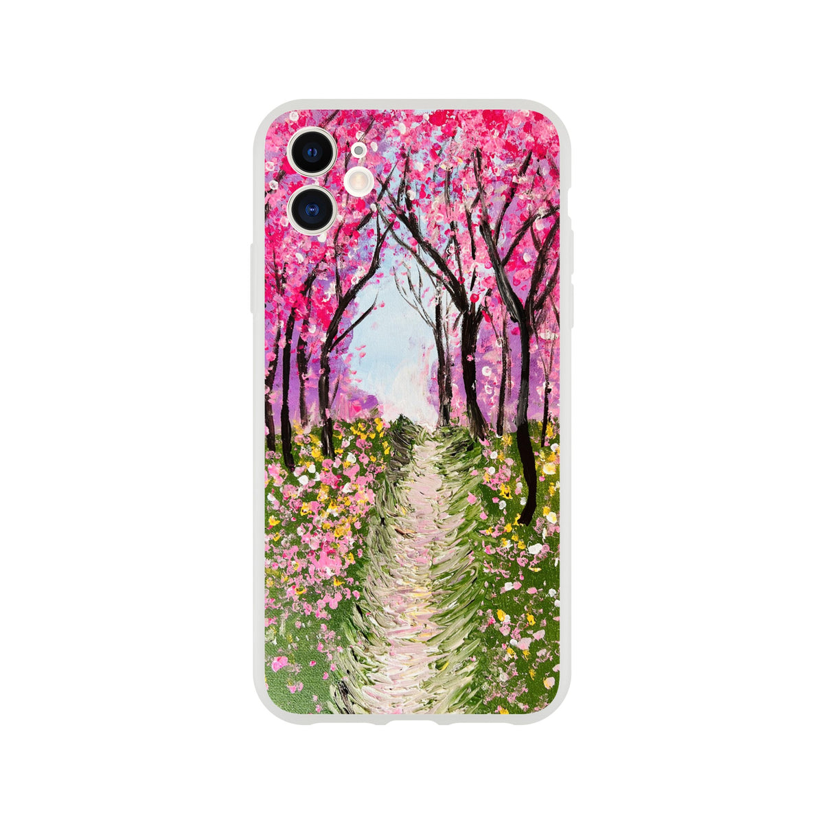 Flexible phone case featuring a vibrant cherry tree painting with pink blossoms and a garden path on a frosty finish.