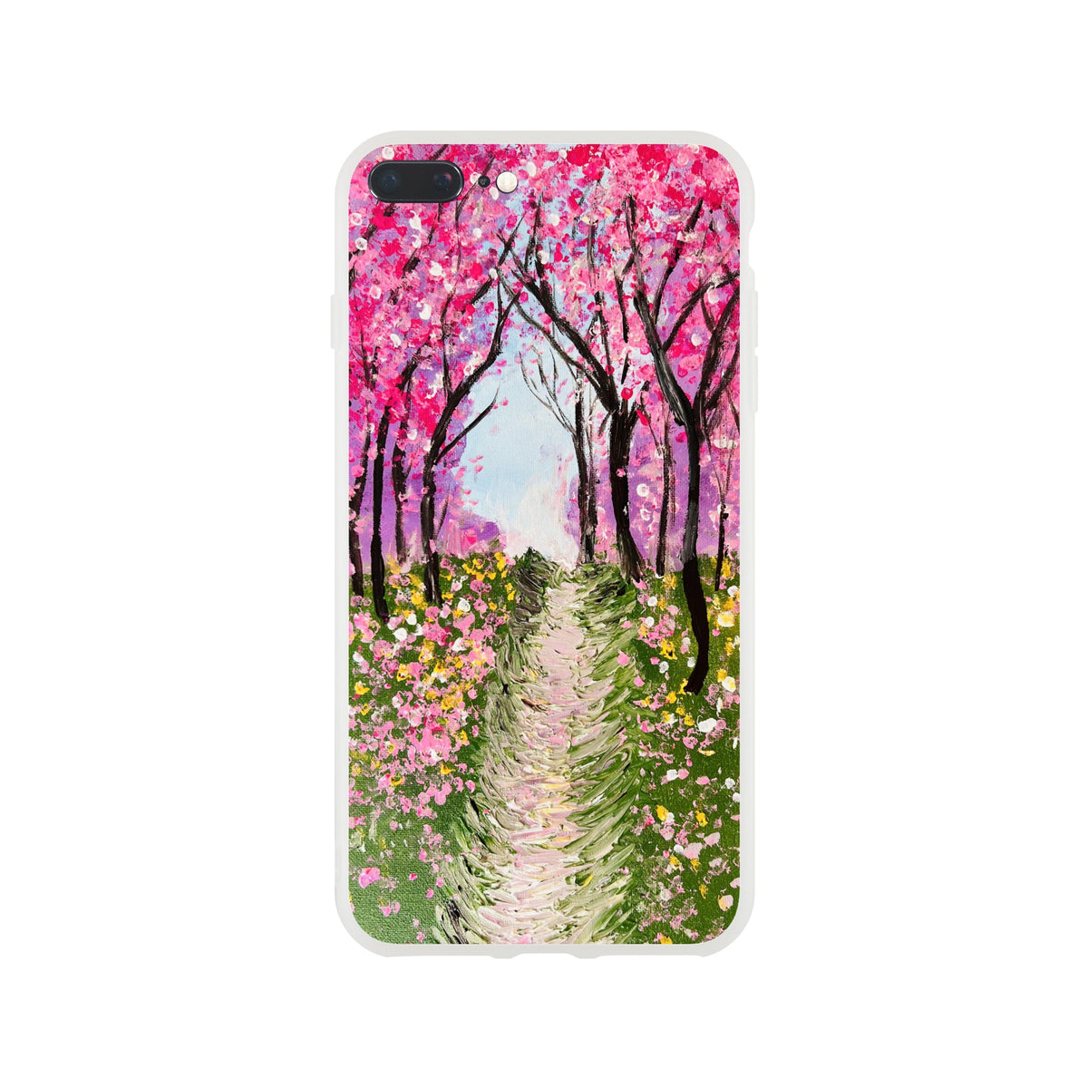Flexible phone case featuring a vibrant cherry blossom painting with pink trees and a green path on a frosty transparent base.