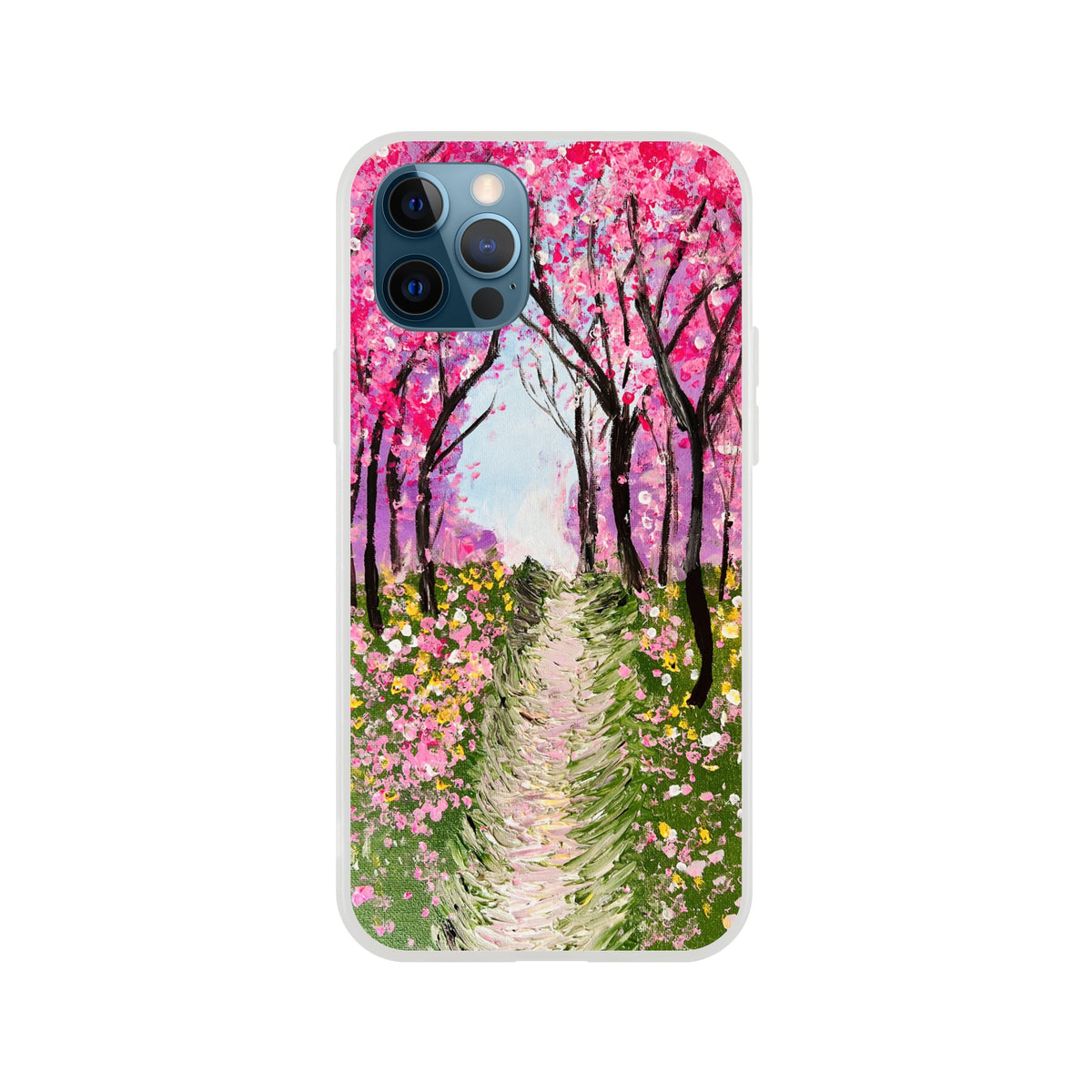 Flexible iPhone case featuring a vibrant cherry blossom painting with pink trees and a green path on a frosty finish.