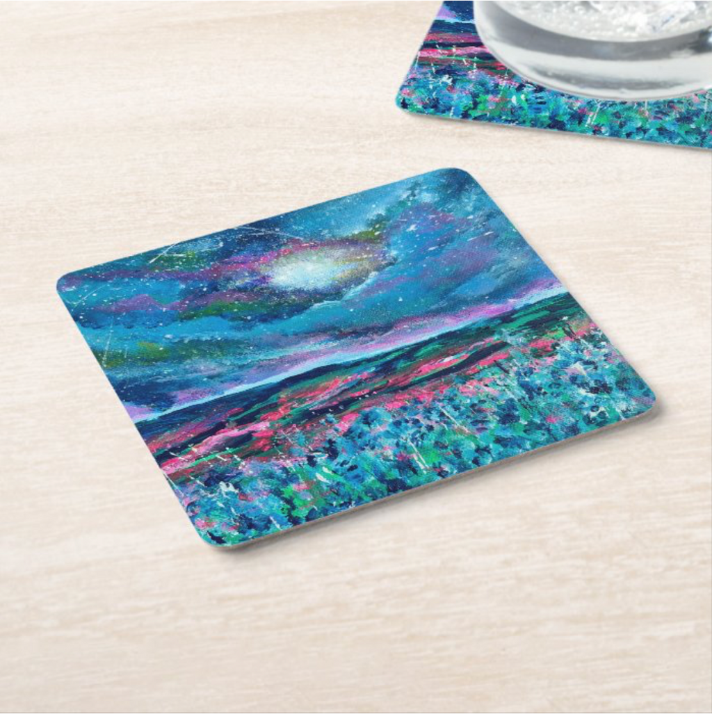 Flexible phone case with vivid blue, pink, and green landscape art print
