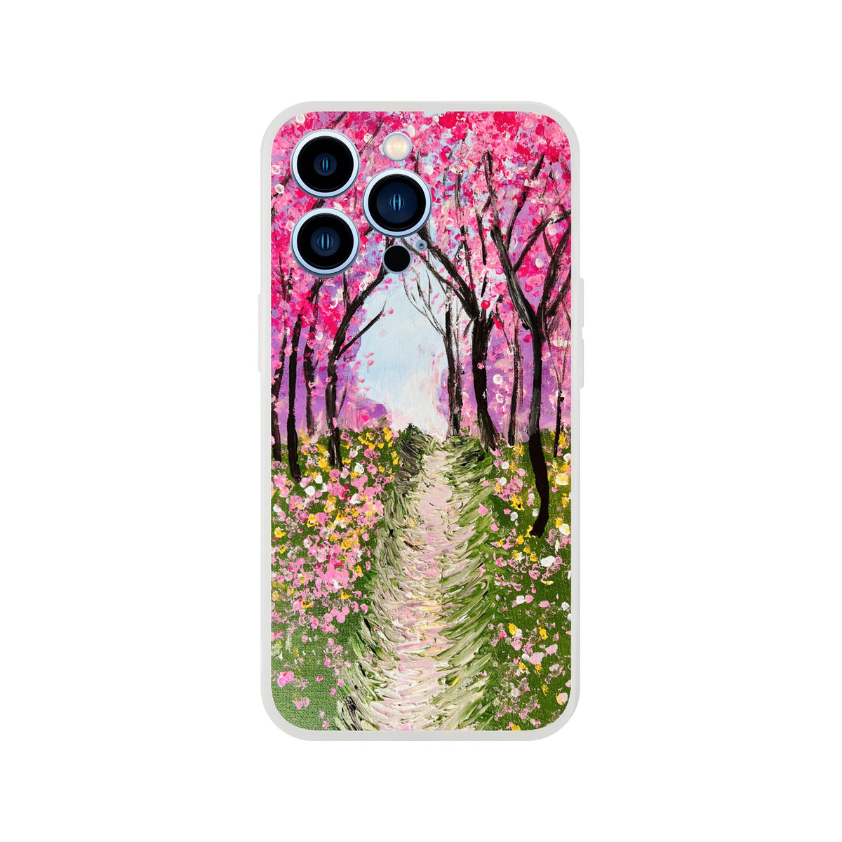 Flexible iPhone case featuring a vibrant cherry blossom tree painting with pink flowers and a green garden path.