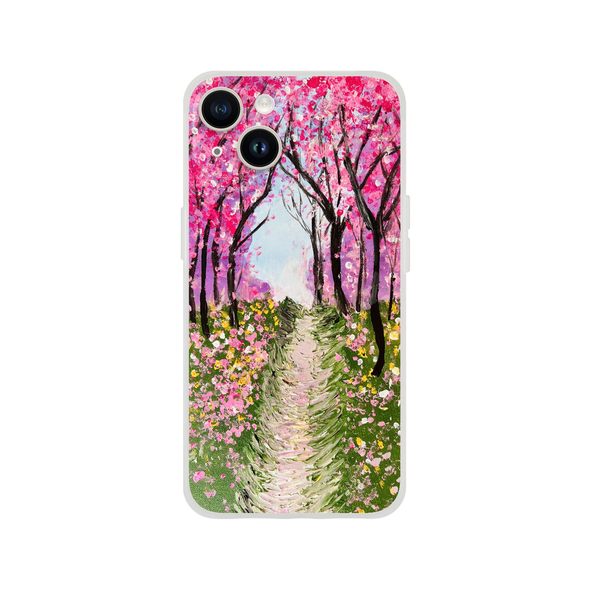 Flexible iPhone case featuring a vibrant cherry blossom painting with pink trees, a garden path, and a frosty transparent finish.