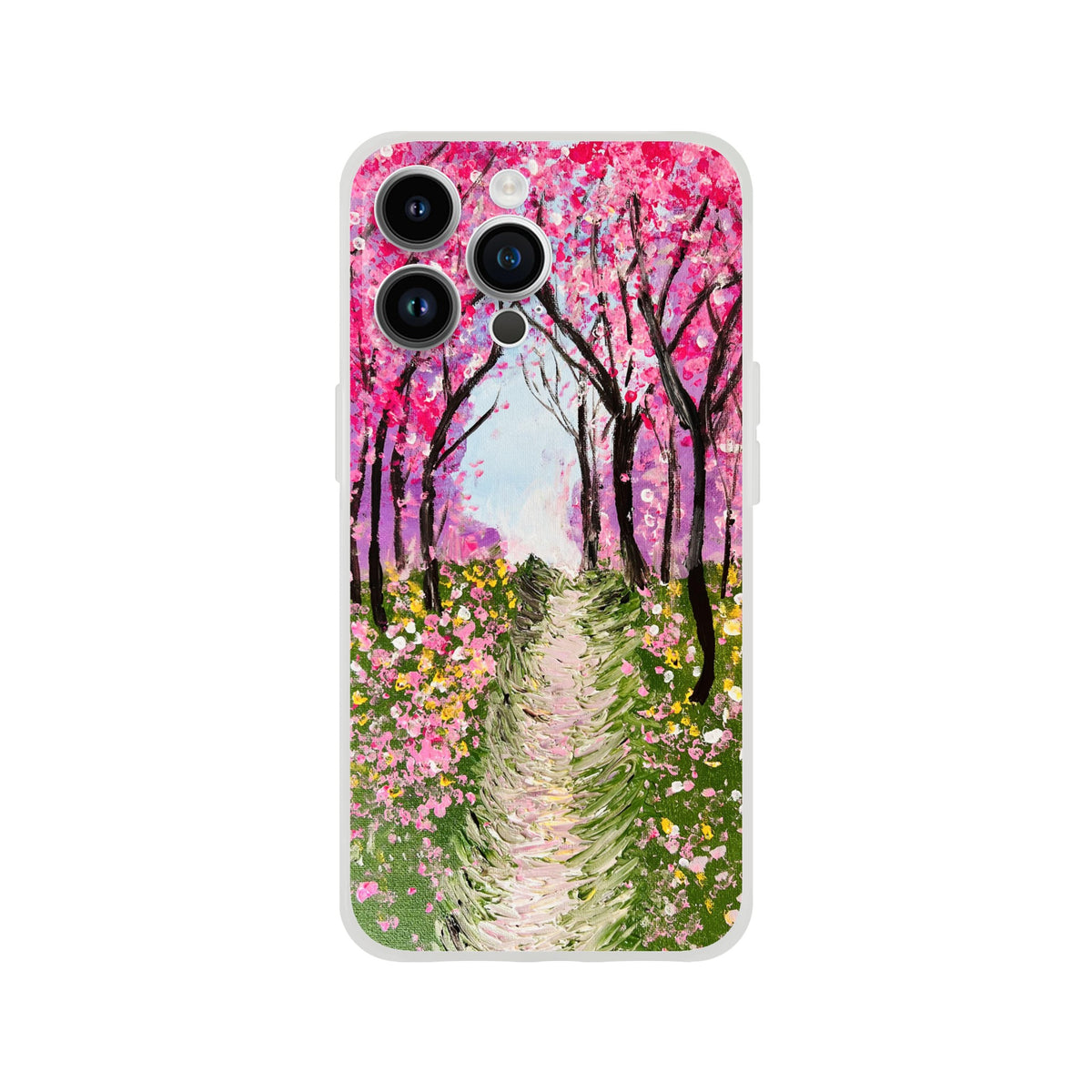 Flexible iPhone case featuring a vibrant cherry blossom painting with pink trees and a floral path on a frosty finish.