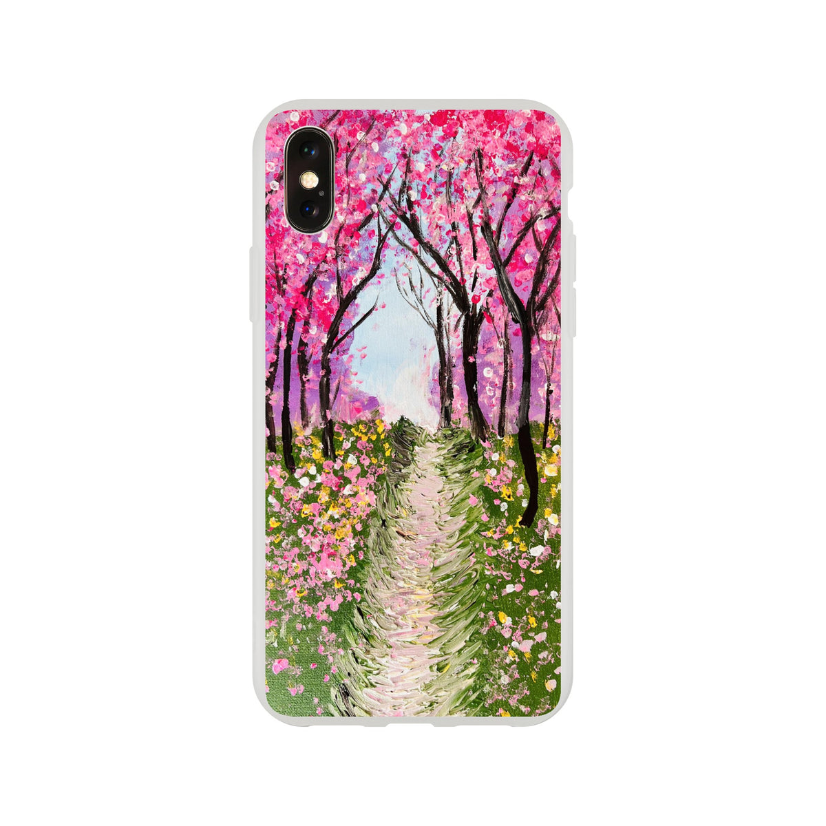 Flexible iPhone case featuring a vibrant cherry blossom painting with pink trees and a path on a frosty transparent finish.