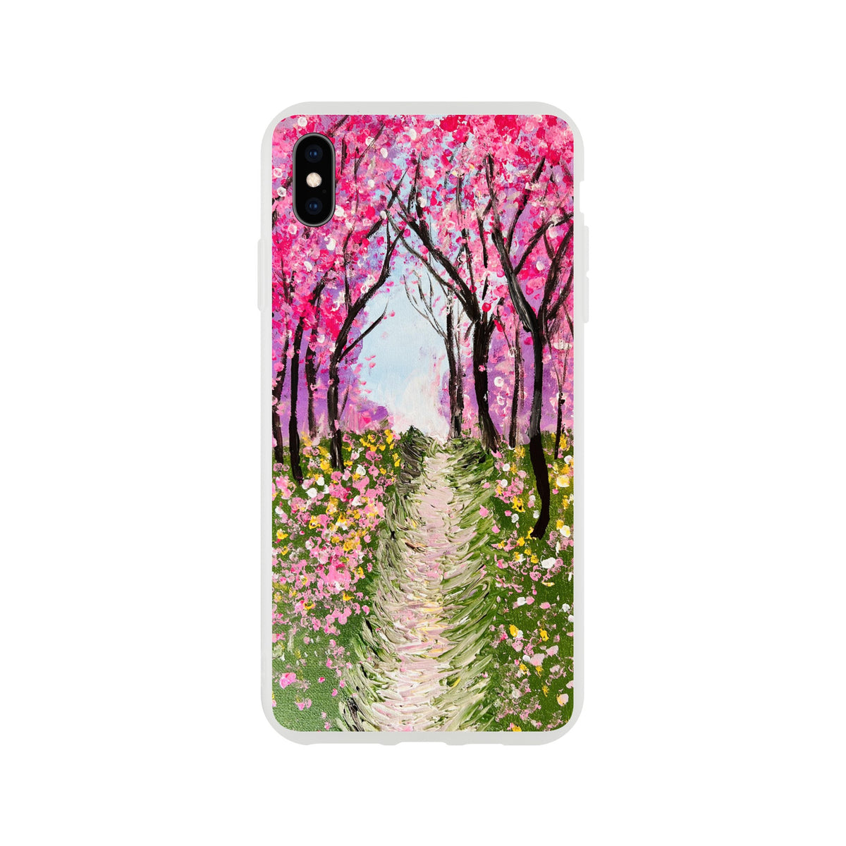Flexible iPhone case featuring a vibrant cherry blossom painting with bright pink trees and a lush garden path.