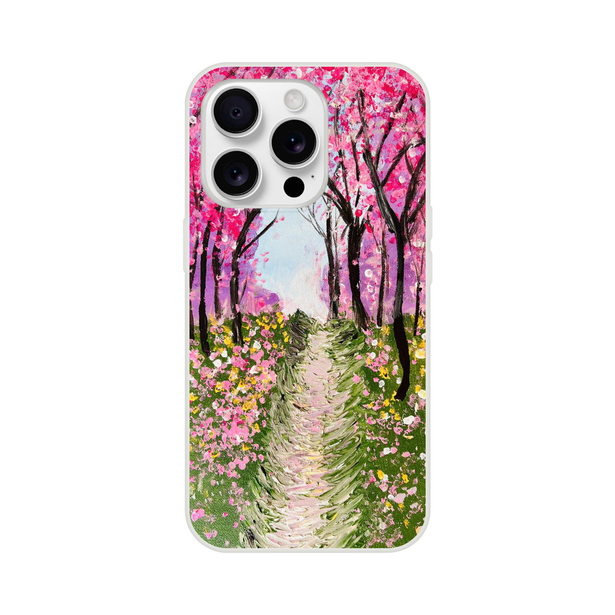 Flexible iPhone case featuring a vibrant cherry blossom painting with pink trees and a path on a frosty transparent finish.