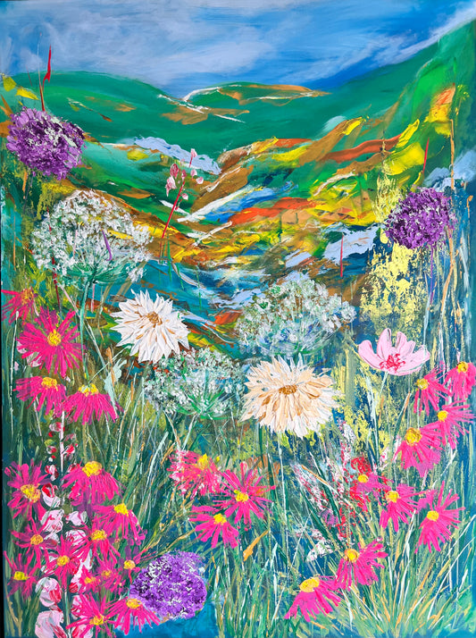 “Valley of Vibrant Blooms” Large texture wildflowers painting