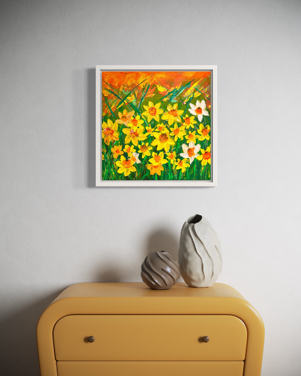 Framed daffodils floral print with colorful blooms in yellow, orange, and white