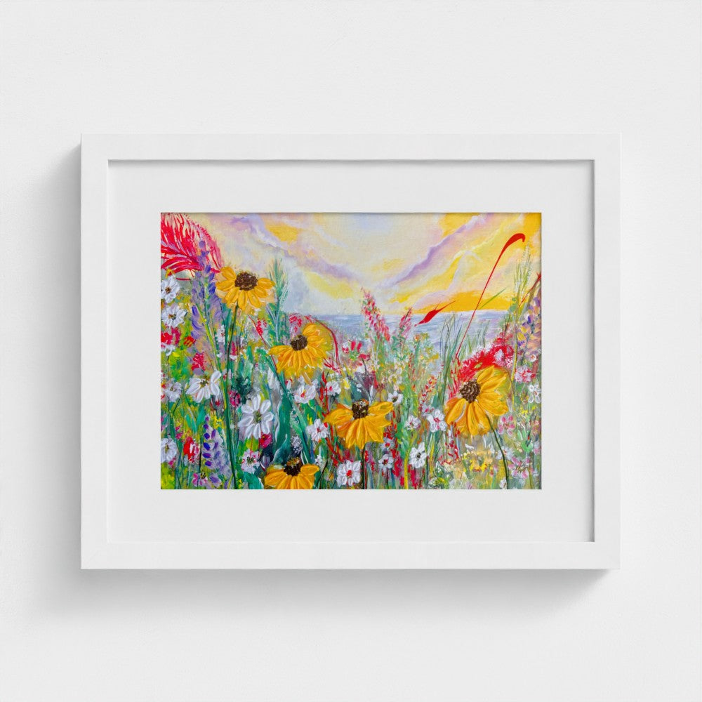 Framed mounted print of daisy meadow artwork with white mat and frame