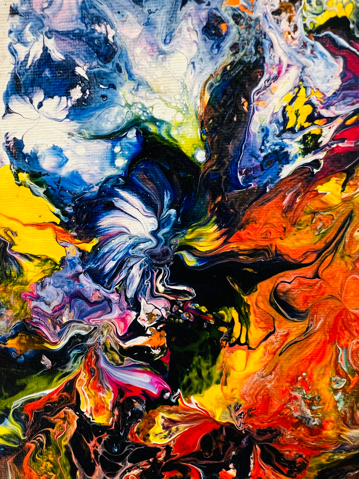 Abstract painting detail with bright orange, blue, yellow, and white flowing textures