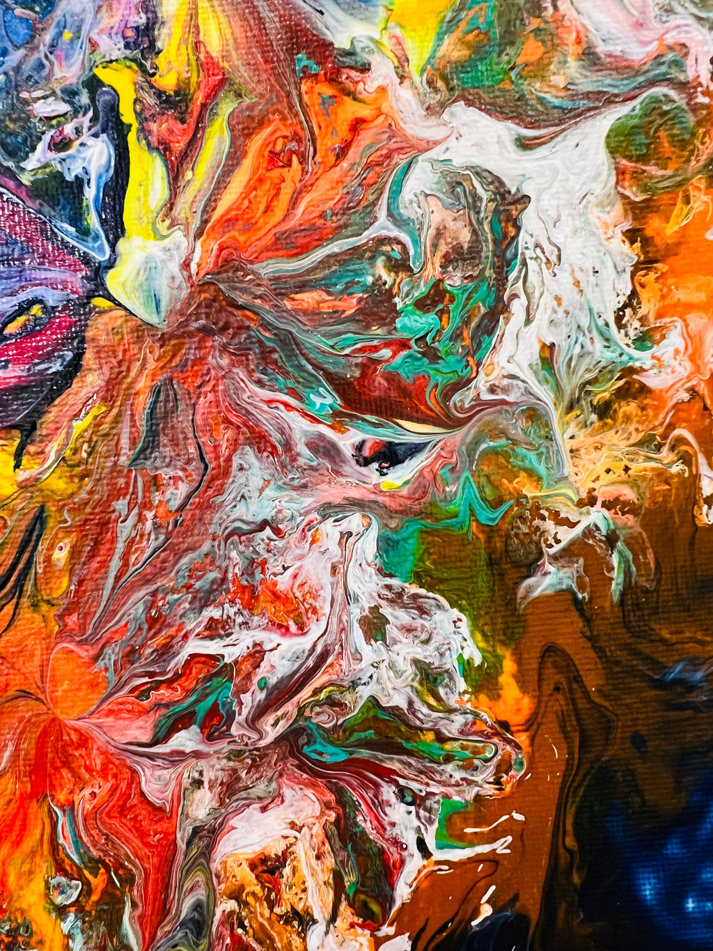 Close-up abstract canvas with red-orange, white, green, and blue paint streaks