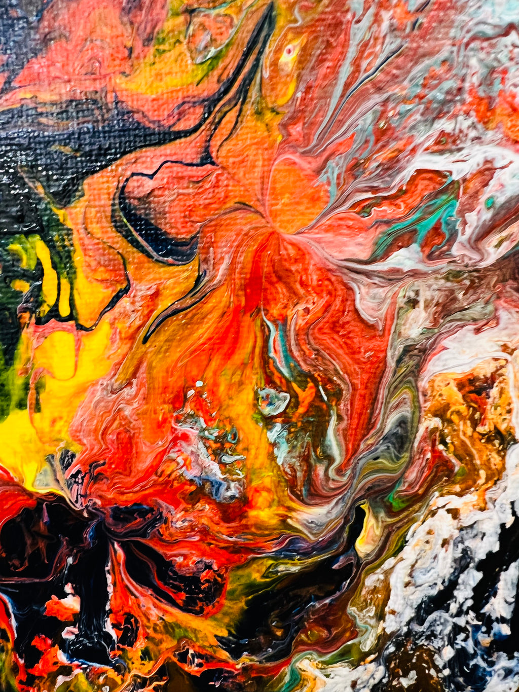 Abstract painting detail with intense orange and white swirls over dark accents