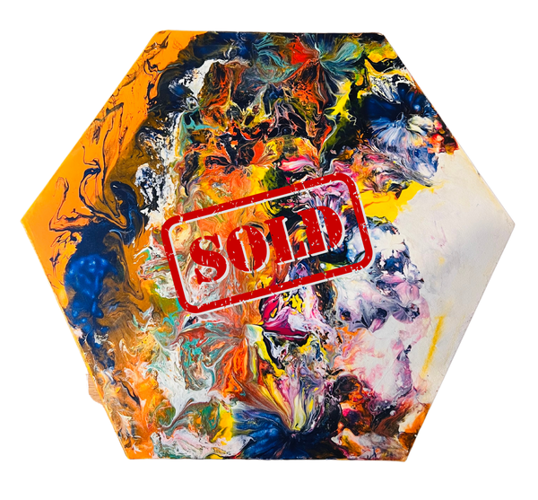 Hexagonal abstract canvas art panel with multicolor paint and a red overlay stamp
