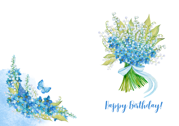 Blue wildflower bouquet greeting card with “Happy Birthday!” in blue script